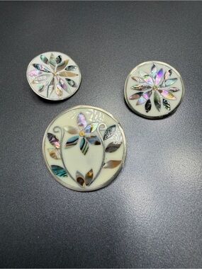 Vintage Alpaca Silver and Abalone Shell Brooch Set clip earrings #13SET